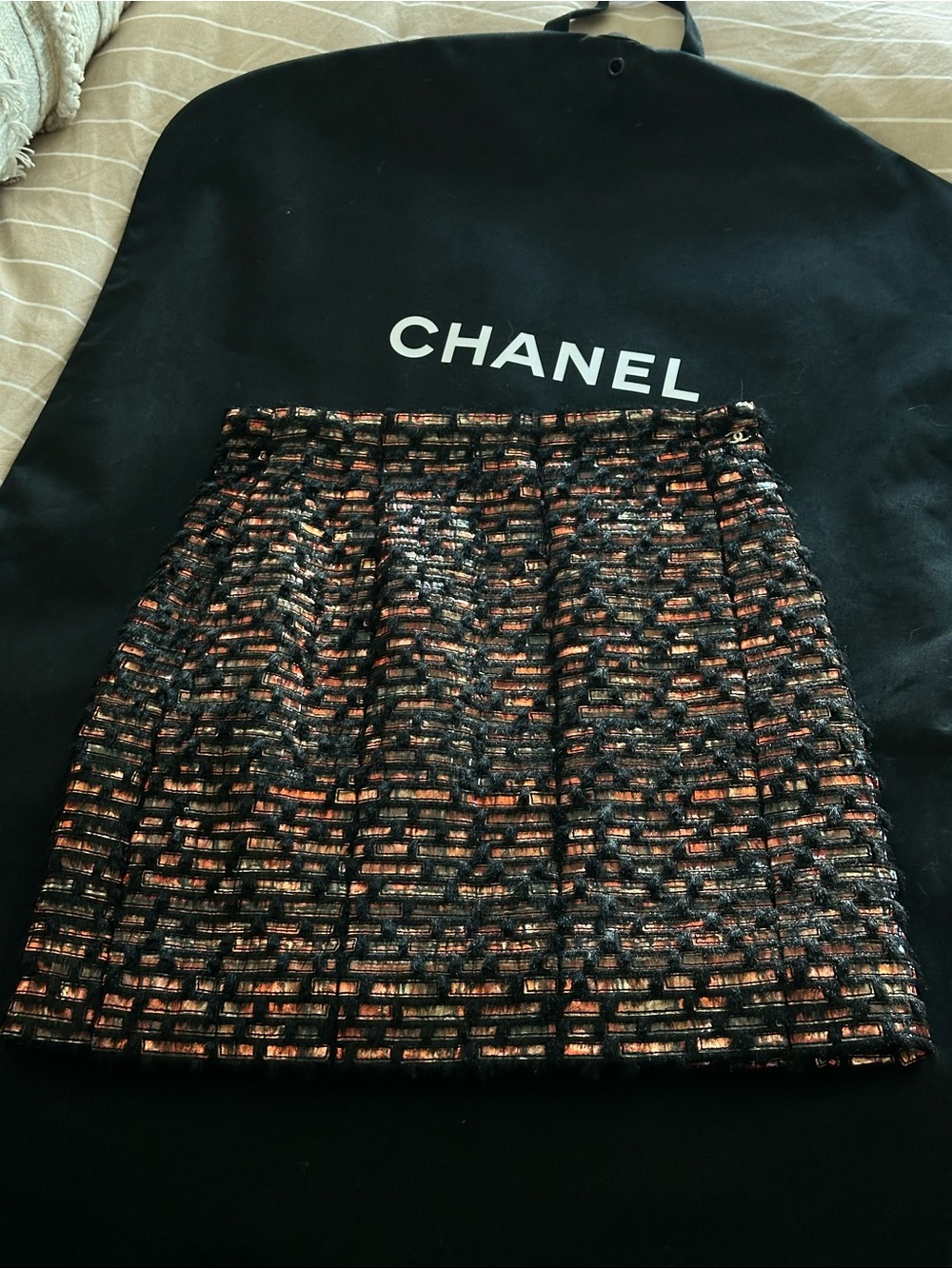 CHANEL Black Tweed Mini Skirt with Copper Metallic Thread